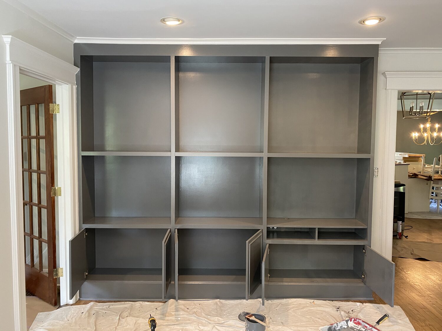 Built-in bookcase finished in slate gray
