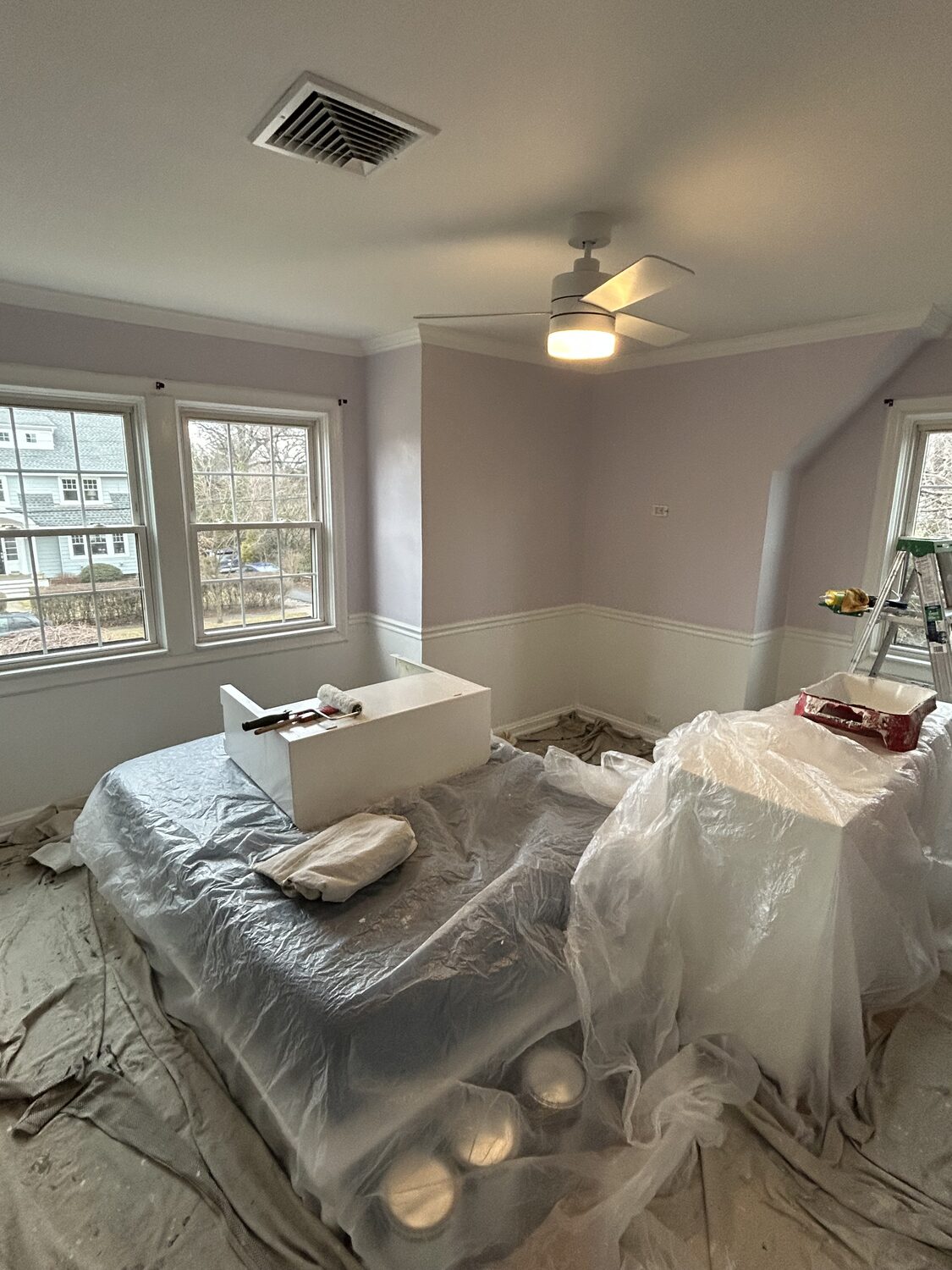 Bedroom masked and prepped before painting